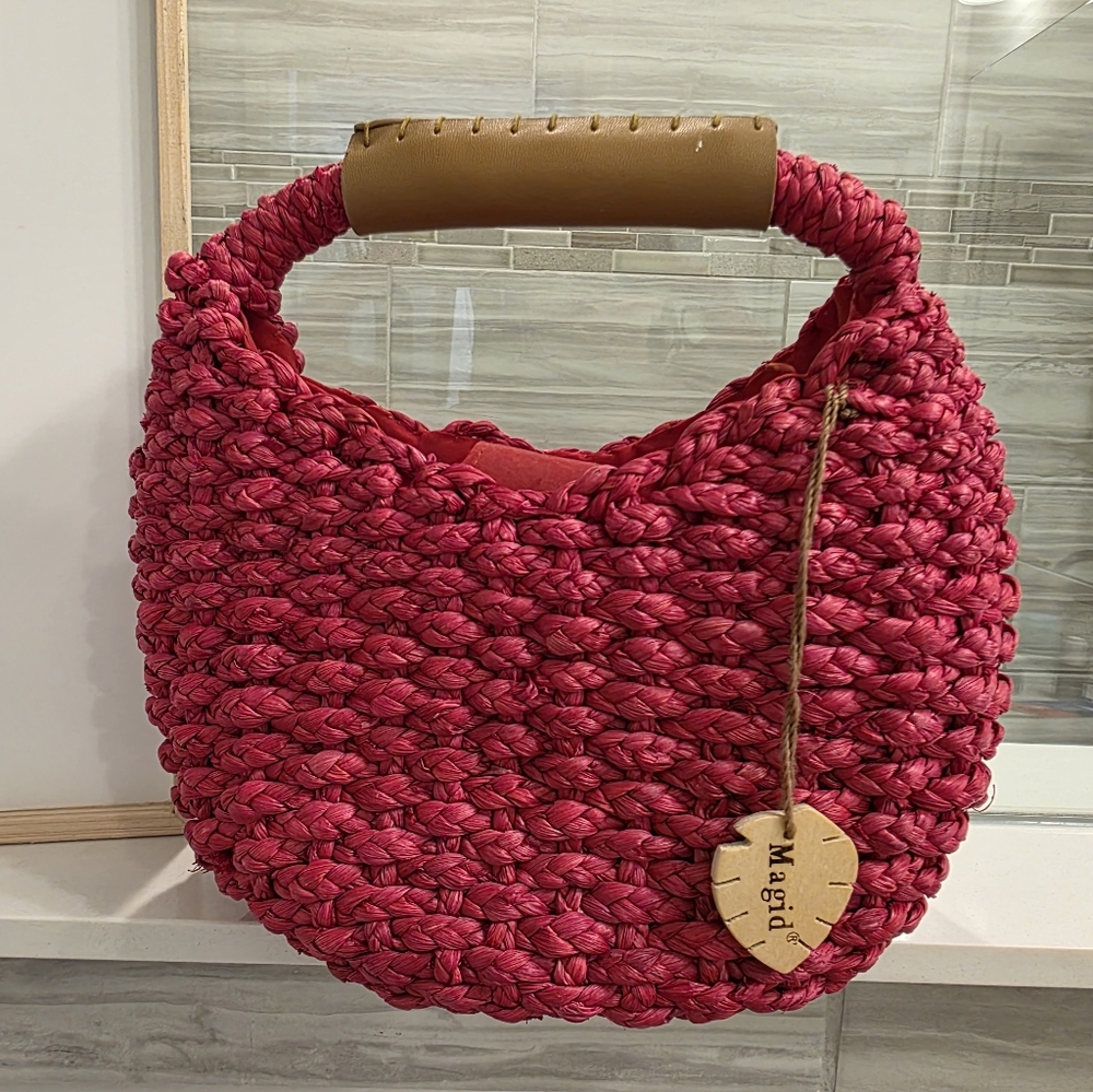 Magid Woven Hobo Bag - Crescent Shape, Leather Handle, Pop Of Color - Picture 2 of 7